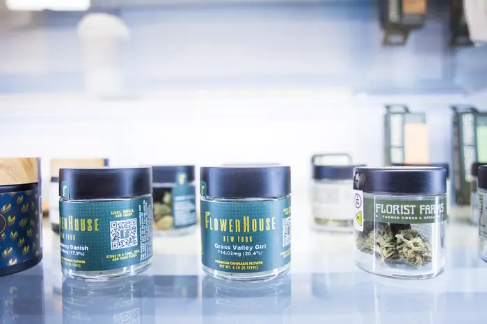 Cannabis products are seen on a shelf at Smacked Dispensary NYC on Jan. 24, 2023 in Lower Manhattan. Smacked Dispensary NYC is the second legal recreational cannabis dispensary to open in NYC after its owner Roland Conner was granted a Conditional Adult-Use Retail Dispensary (CAURD) license.
